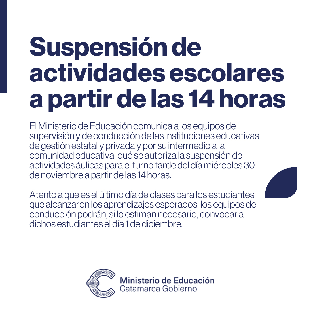 Suspensión de actividades escolares a partir de las 14 horas