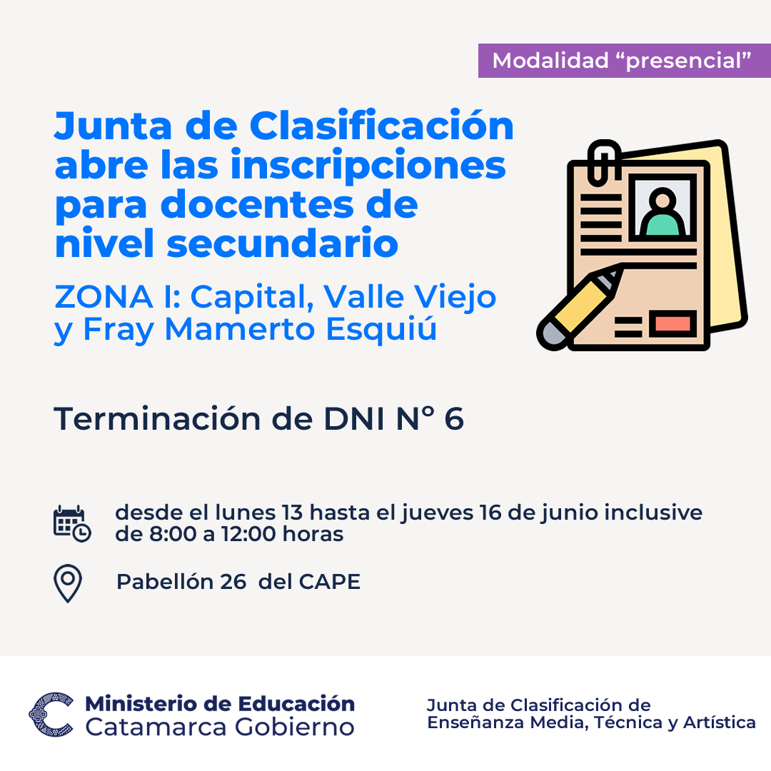 Junta de Clasificacion abre las inscripciones para docentes de nivel secundario de ZONA I terminacion de DNI Nº6