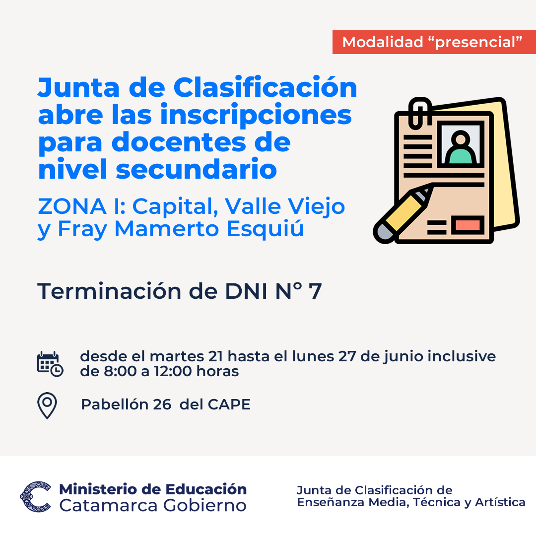 Junta de Clasificacion abre las inscripciones para docentes de nivel secundario de ZONA I terminacion de DNI Nº7