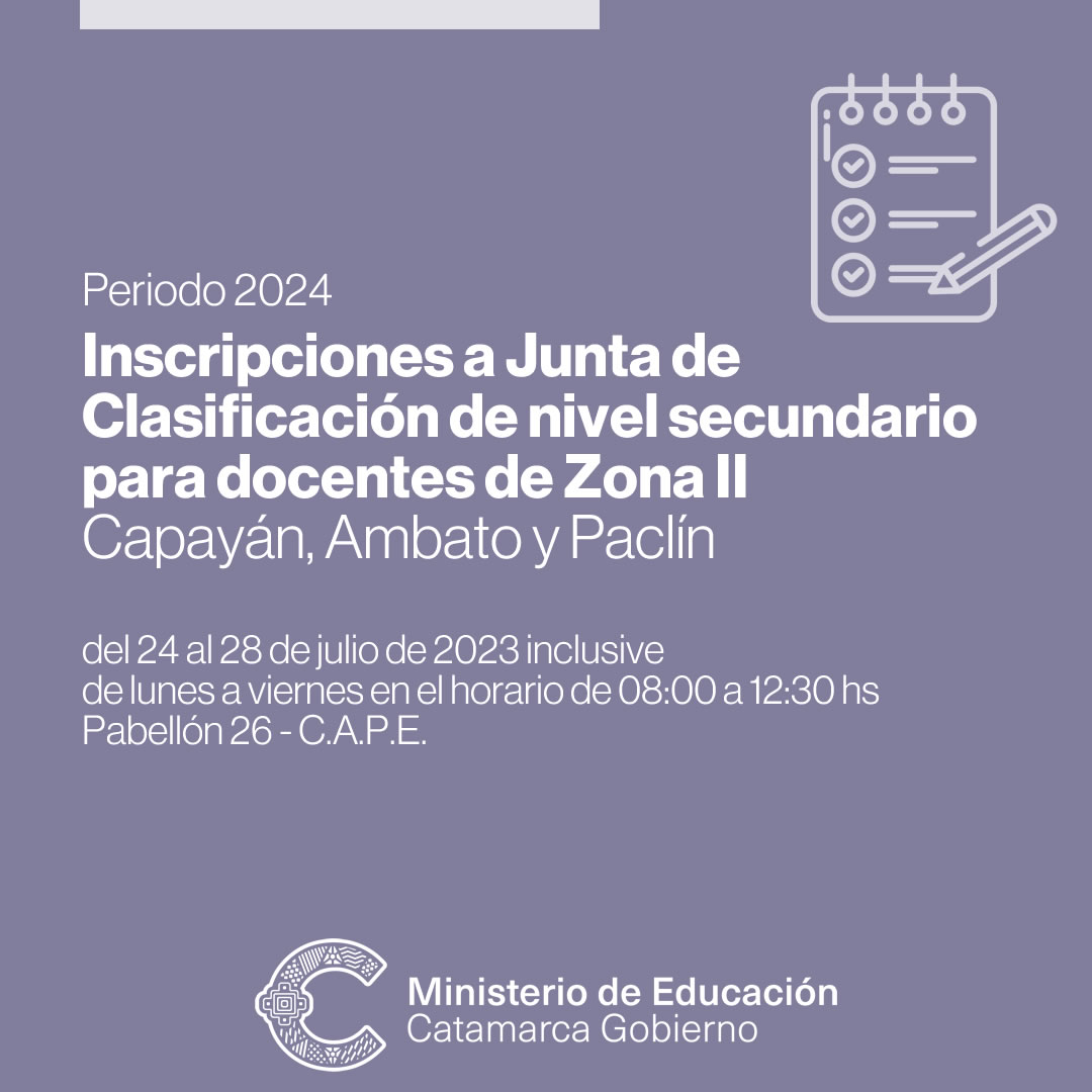 Inscripciones a Junta de Clasificación de nivel secundario para docentes de Zona II