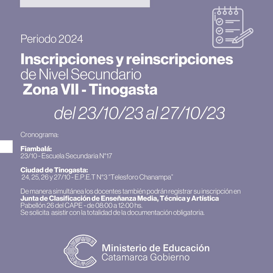 Inscripcion para docentes de nivel secundario de Zona VII Tinogasta 