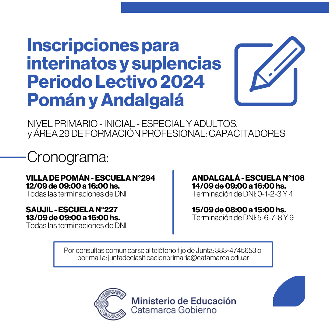 Inscripciones para interinatos y suplencias periodo lectivo 2024 de los departamentos Poman y Andalgala