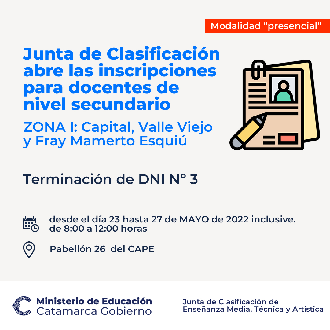 Junta de Clasificacion abre las inscripciones para docentes de nivel secundario de ZONA I terminacion de DNI Nº3