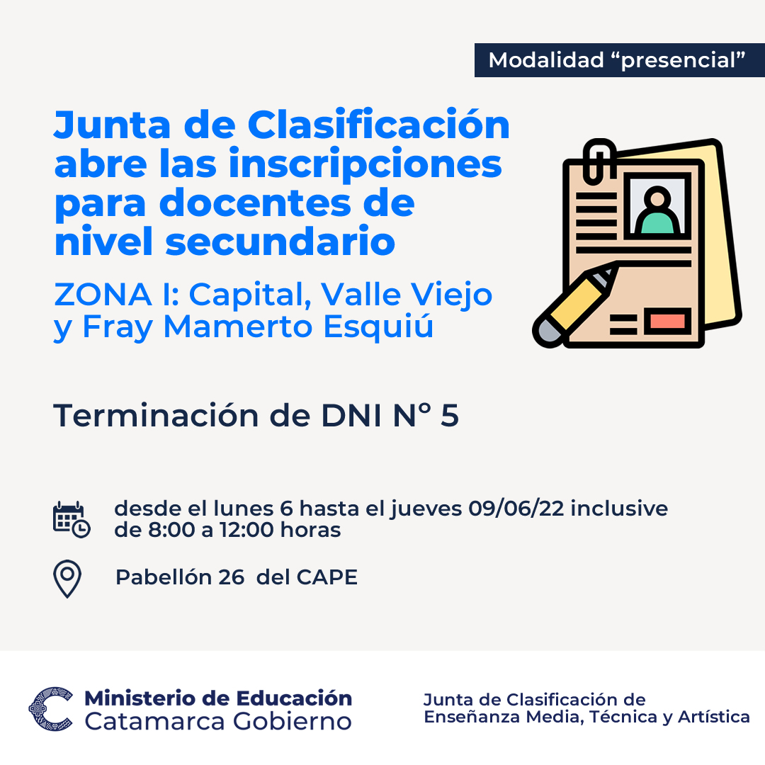 Junta de Clasificacion abre las inscripciones para docentes de nivel secundario de ZONA I terminacion de DNI Nº5