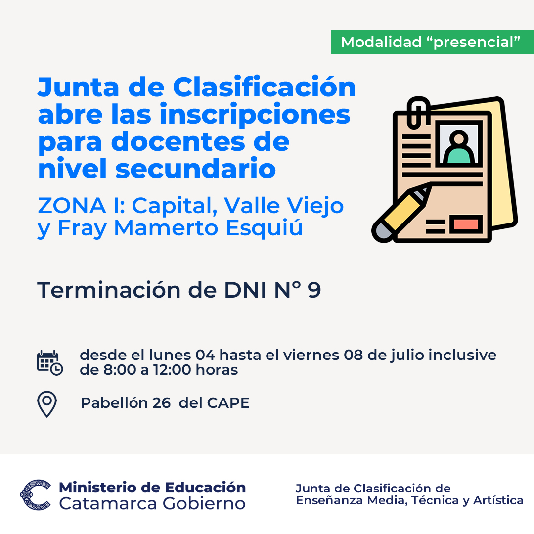 Junta de Clasificacion abre las inscripciones para docentes de nivel secundario de ZONA I terminacion de DNI Nº9